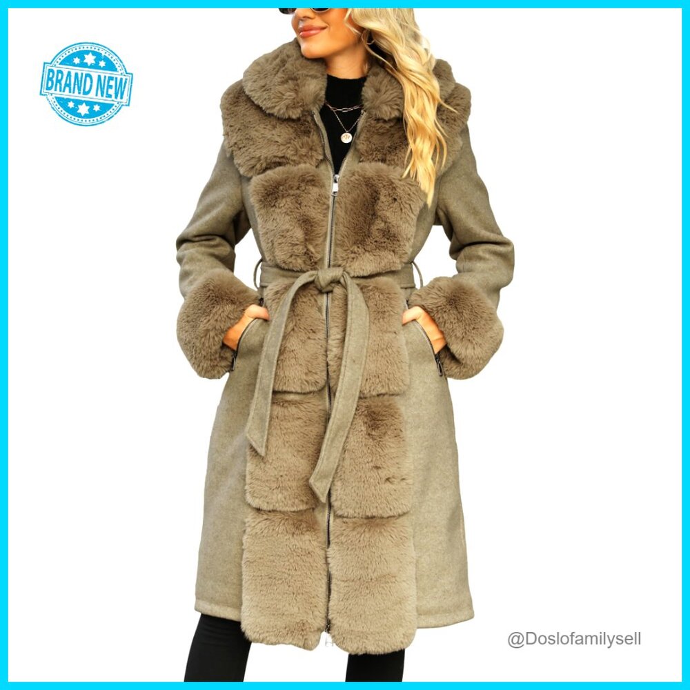 Wool Pea Coat Faux Fur Jacket Winter Warm Parka Overcoat with Belt Classic